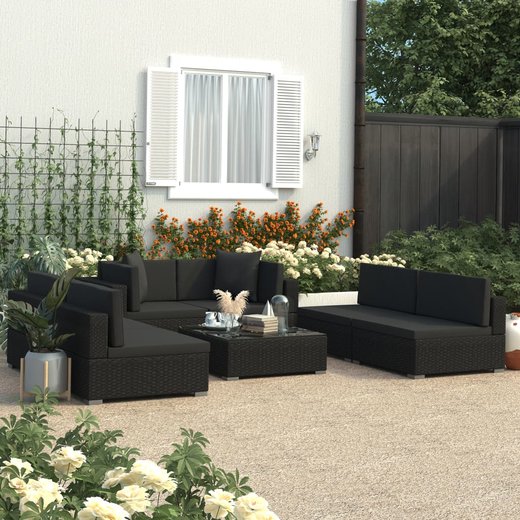 7-tlg. Garten-Lounge-Set Schwarz mit Auflagen Poly Rattan