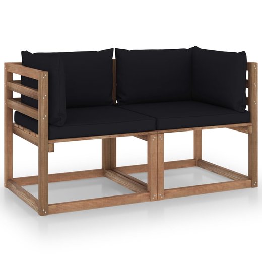 Garten-Palettensofa 2-Sitzer mit Kissen Schwarz Kiefernholz