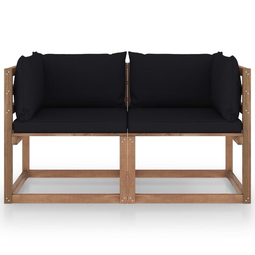 Garten-Palettensofa 2-Sitzer mit Kissen Schwarz Kiefernholz