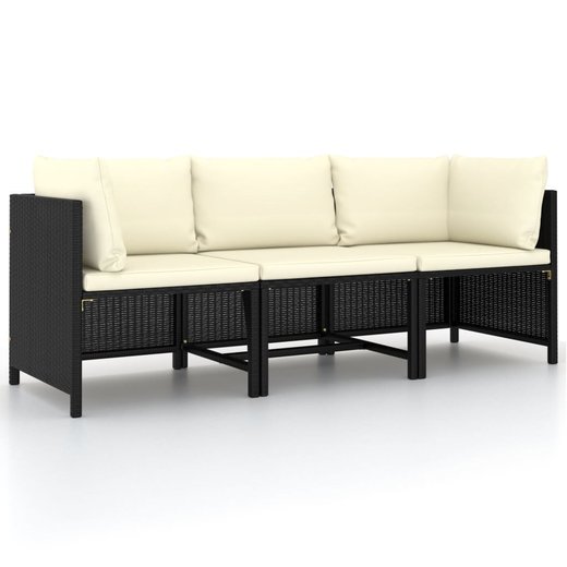 3-Sitzer-Gartensofa mit Auflagen Schwarz Poly Rattan