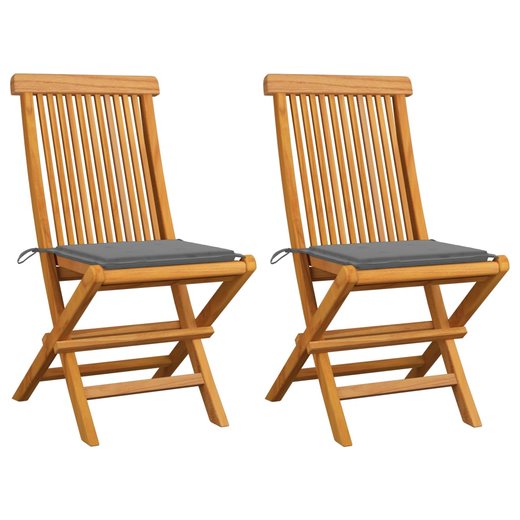 Gartensthle mit Grauen Kissen 2 Stk. Massivholz Teak