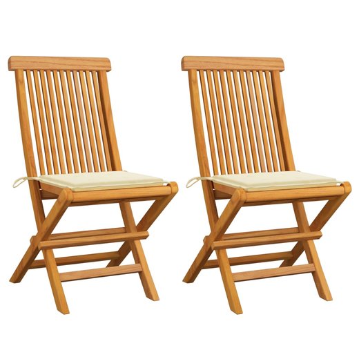 Gartensthle mit Cremeweien Kissen 2 Stk. Massivholz Teak