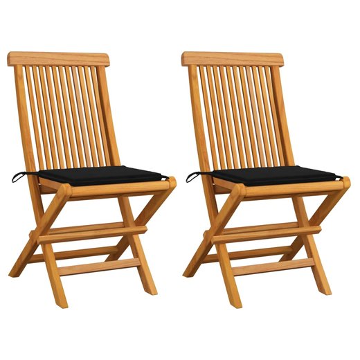 Gartensthle mit Schwarzen Kissen 2 Stk. Massivholz Teak