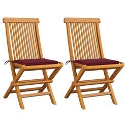 Gartensthle mit Weinroten Kissen 2 Stk. Massivholz Teak