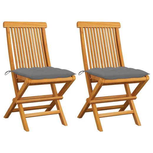 Gartensthle mit Grauen Kissen 2 Stk. Massivholz Teak