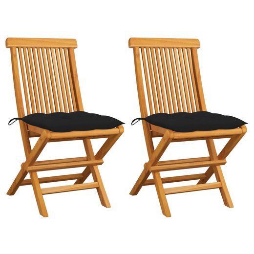 Gartensthle mit Schwarzen Kissen 2 Stk. Massivholz Teak