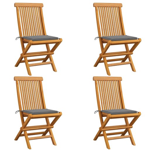 Gartensthle mit Grauen Kissen 4 Stk. Teak Massivholz