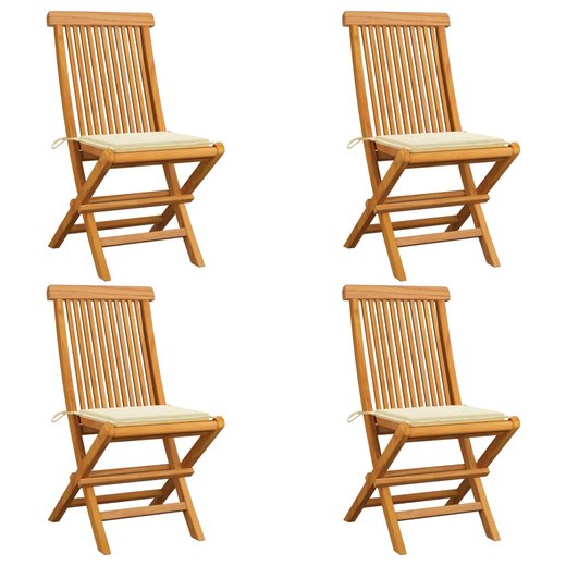 Gartensthle mit Cremeweien Kissen 4 Stk. Teak Massivholz