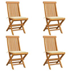 Gartensthle mit Cremeweien Kissen 4 Stk. Teak Massivholz