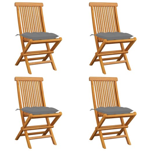 Gartensthle mit Grauen Kissen 4 Stk. Massivholz Teak
