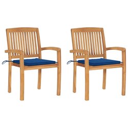 Gartensthle 2 Stk. mit Blauen Kissen Massivholz Teak