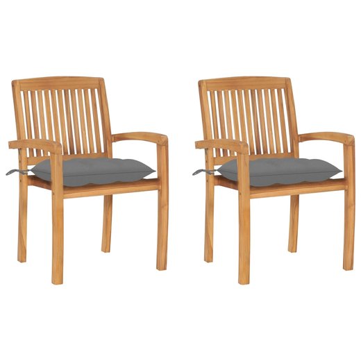 Gartensthle 2 Stk. mit Grauen Kissen Massivholz Teak
