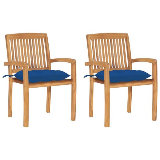 Gartensthle 2 Stk. mit Blauen Kissen Massivholz Teak