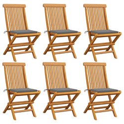 Gartensthle mit Grauen Kissen 6 Stk. Massivholz Teak