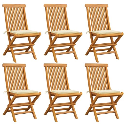 Gartensthle mit Cremeweien Kissen 6 Stk. Massivholz Teak