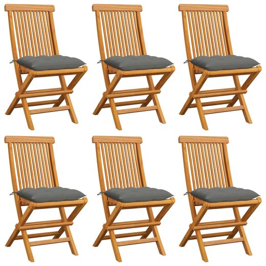 Gartensthle mit Grauen Kissen 6 Stk. Massivholz Teak
