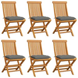 Gartensthle mit Grauen Kissen 6 Stk. Massivholz Teak