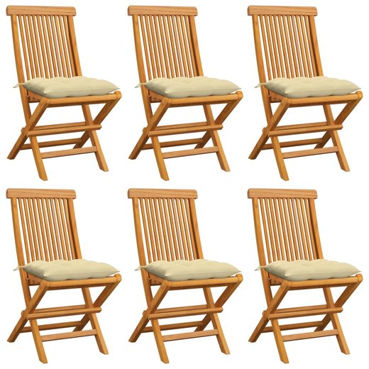 Gartensthle mit Cremeweien Kissen 6 Stk. Massivholz Teak