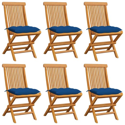 Gartensthle mit Blauen Kissen 6 Stk. Massivholz Teak