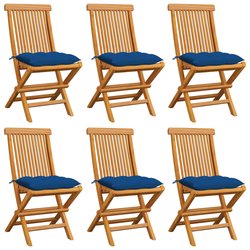 Gartensthle mit Blauen Kissen 6 Stk. Massivholz Teak