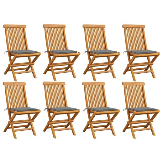 Gartensthle mit Grauen Kissen 8 Stk. Massivholz Teak