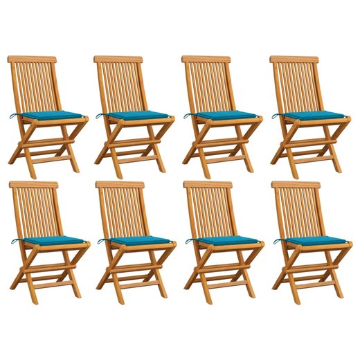 Gartensthle mit Blauen Kissen 8 Stk. Massivholz Teak