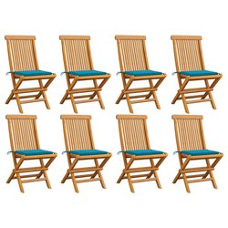 Gartensthle mit Blauen Kissen 8 Stk. Massivholz Teak