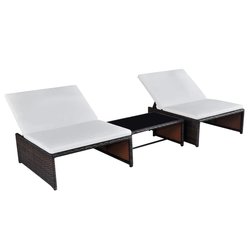 Sonnenliegen 2 Stk. mit Tisch Poly Rattan Braun