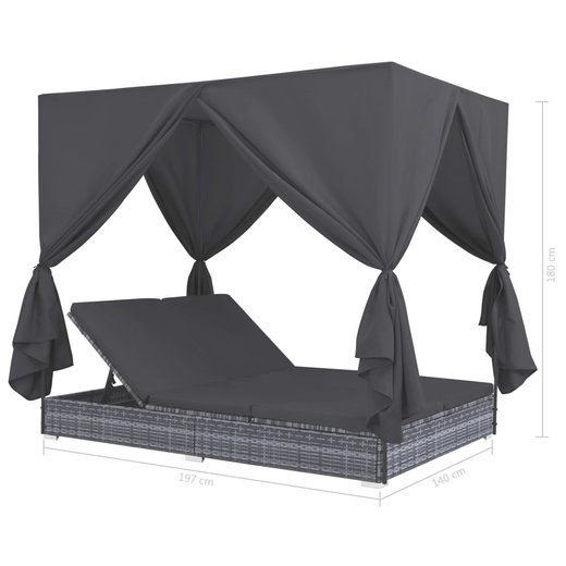 Outdoor-Lounge-Bett mit Vorhngen Poly Rattan Grau