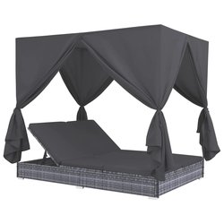 Outdoor-Lounge-Bett mit Vorhngen Poly Rattan Grau