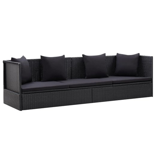 Gartensofa mit Auflage und Kissen Poly Rattan Schwarz