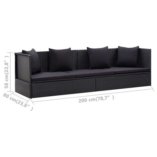 Gartensofa mit Auflage und Kissen Poly Rattan Schwarz