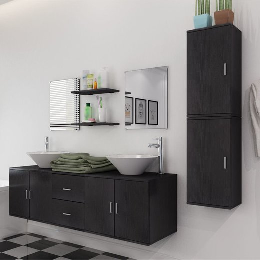 9-tlg. Badmbel und Waschbecken Set Schwarz