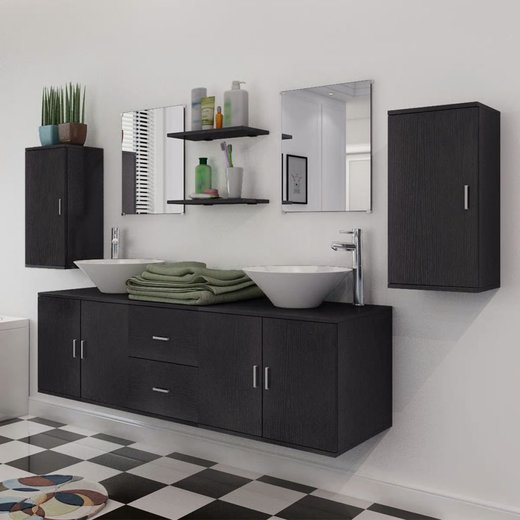 9-tlg. Badmbel und Waschbecken Set Schwarz