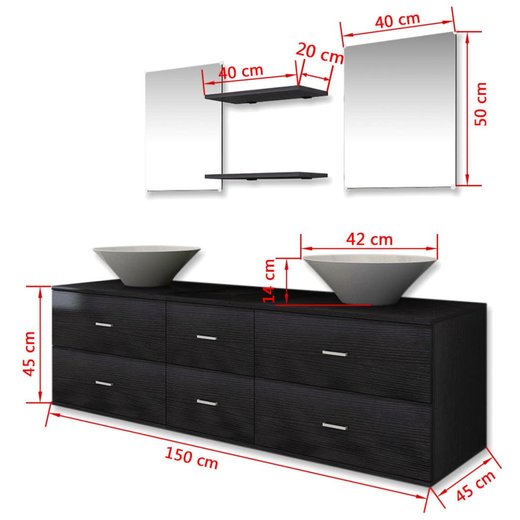 7-tlg. Badmbel und Waschbecken Set Schwarz