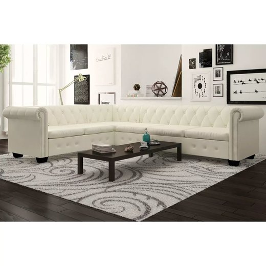 Chesterfield Ecksofa 6-Sitzer Kunstleder Wei