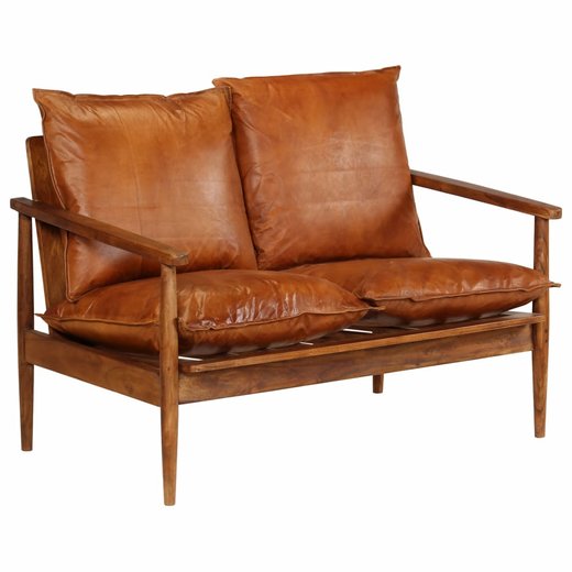 2-Sitzer-Sofa Leder mit Akazienholz Braun