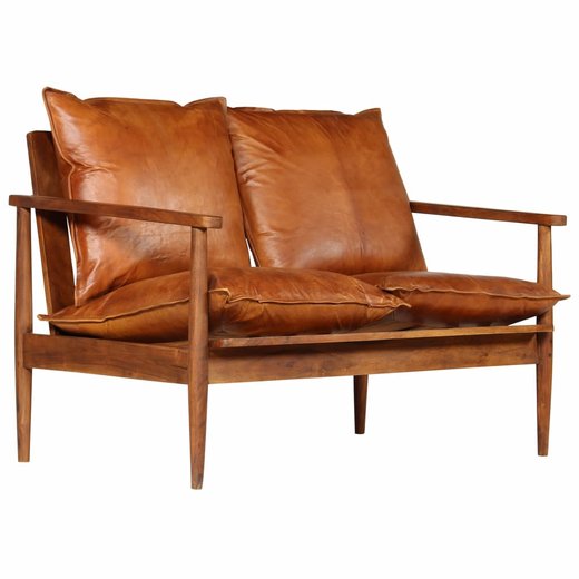 2-Sitzer-Sofa Leder mit Akazienholz Braun