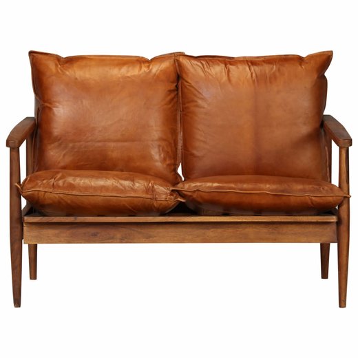 2-Sitzer-Sofa Leder mit Akazienholz Braun