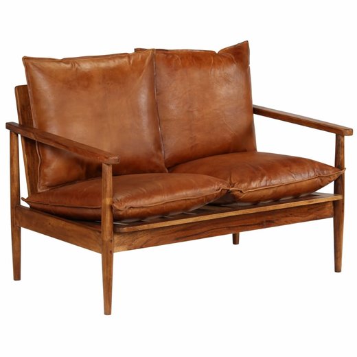 2-Sitzer-Sofa Leder mit Akazienholz Braun