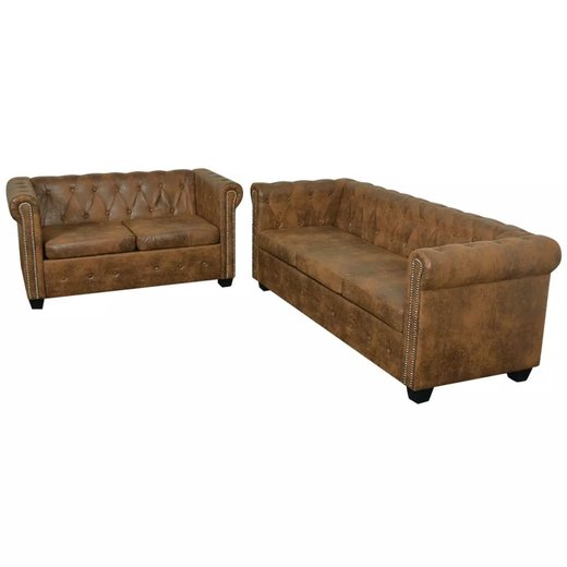 Chesterfield Sofa-Set 2-Sitzer und 3-Sitzer Kunstleder Braun