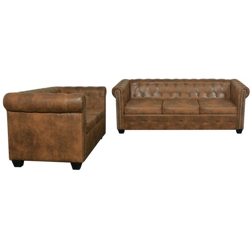 Chesterfield Sofa-Set 2-Sitzer und 3-Sitzer Kunstleder Braun