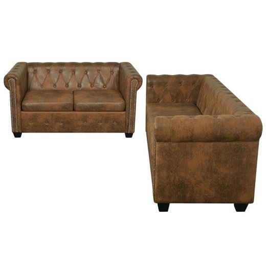 Chesterfield Sofa-Set 2-Sitzer und 3-Sitzer Kunstleder Braun
