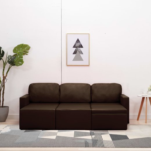 Modulares 3-Sitzer Schlafsofa Braun Kunstleder
