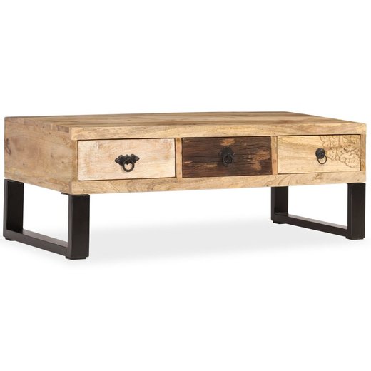 Couchtisch mit 3 Schubladen Mangoholz Massiv 90 x 50 x 35 cm