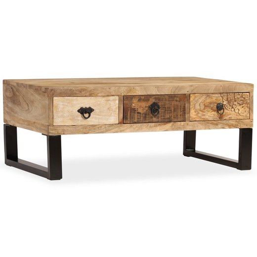 Couchtisch mit 3 Schubladen Mangoholz Massiv 90 x 50 x 35 cm